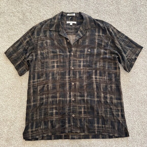 Geoffrey Beene washable silk crisscross plaid pattern black & brown button up - Picture 1 of 7